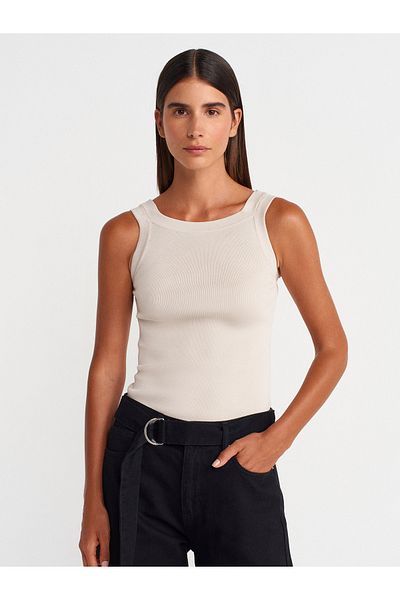 Dilvin 10770 Square Neck Strap Knitwear Blouse-Stone
