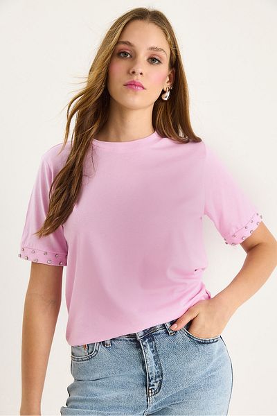 Bianco Lucci Women's Sleeves Stone Embroidered Tshirt 60602002