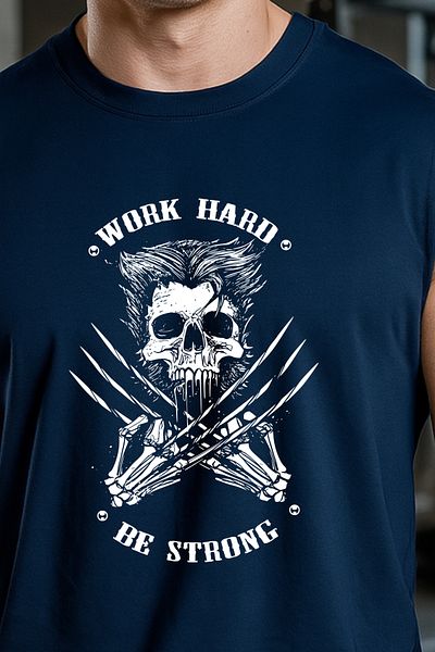BESSA Men's Work Hard Printed Navy Blue Oversize Crew Neck Cotton Fabric Sleeveless T-Shirt Undershirt