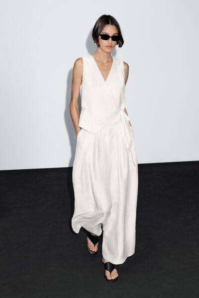 Massimo Dutti Geniş paça volanlı keten karışımlı pantolon