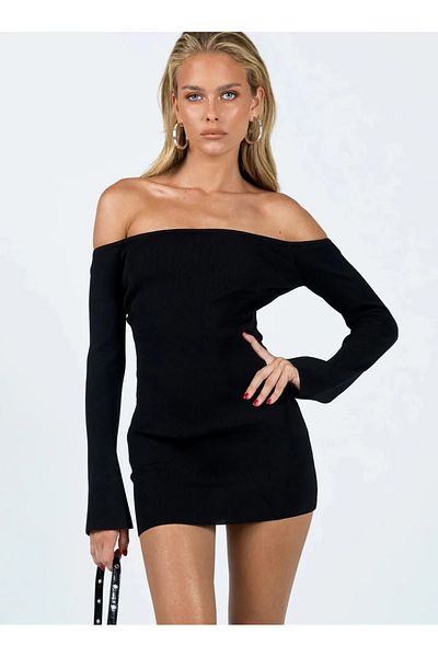 Touz Moda Γυναικείο μακρυμάνικο μίνι φόρεμα με ανοιχτό ραβδώσιμο ώμο