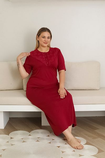 ERDENİZ TEKSTİL Lace Collar Button Plus Size Solid Color Mother Nightgown
