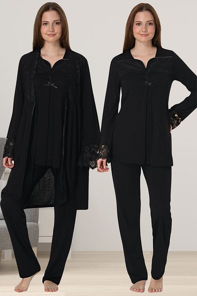ByLohusa Effortt Black Maternity Pajama Set with Dressing Gown