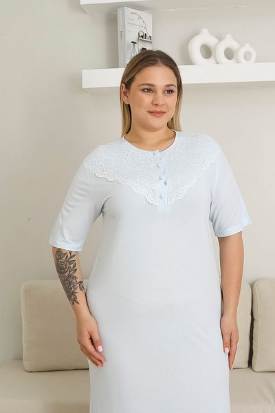ERDENİZ TEKSTİL Lace Collar Button Plus Size Solid Color Mother Nightgown