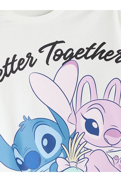 LC Waikiki Ecru Crew Neck Stitch and Angel Printed Girl's T-Shirt