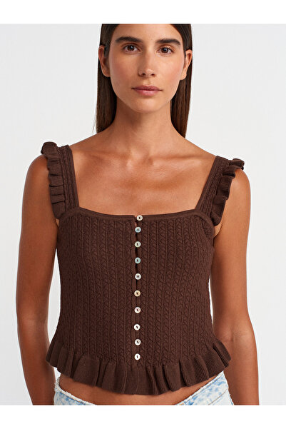 Dilvin 10774 Μπλούζα με κουμπιά με λουράκι-Καφέ