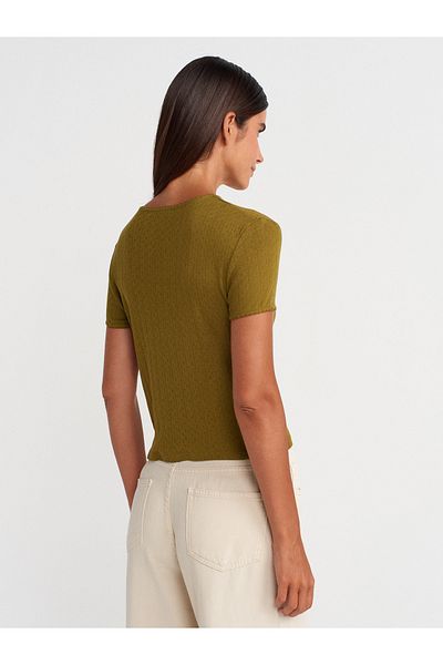 Dilvin 31795 Bow Detailed Short Sleeve Contrast T-Shirt-Dark Green
