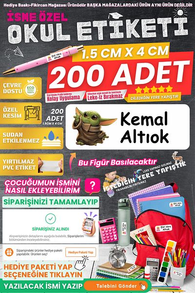FİKİRCAN Fikircan-Name Custom School Label-Yoda 200 Pieces - Odorless Ecological Ink Pvc Label