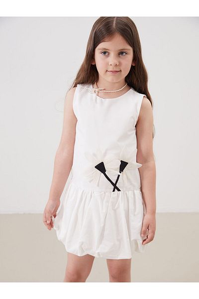 LC Waikiki Ecru Floral Appliqued Girl's Poplin Dress