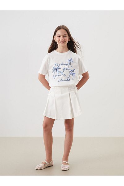 LC Waikiki Ecru Girl's Jean Skirt with Elastic Waist and Bow Detail