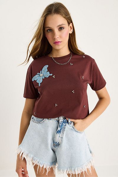 Bianco Lucci Women's Butterfly Accessory Stone Embroidered Short Sleeve T-Shirt 60602036