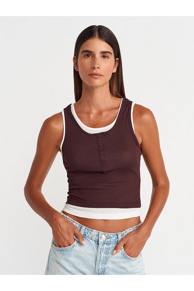 Dilvin 21102 Double Layer Button Top-Brown