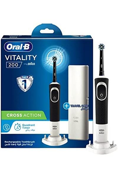 Oral-B فرشاة أسنان كهربائية فيتاليتي 200 مع حقيبة سفر، لون أسود، قابلة لإعادة الشحن، مع بطارية مدمجة
