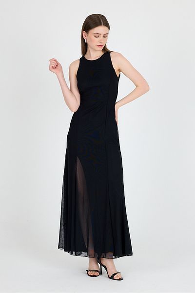 Rays Black Side Slit Tulle Long Dress 251657