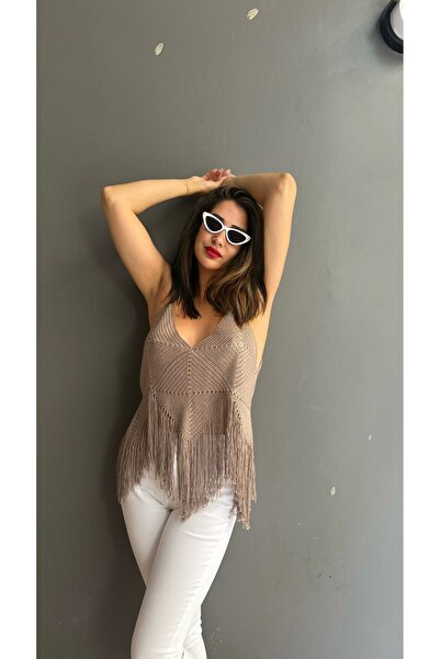 Butik El örgüsü saçaklı püsküllü bluz