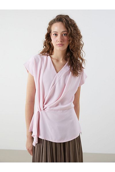 LC Waikiki Pink V-Neck Gathered Blouse