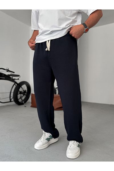 BYBASICMAN Navy Blue Three Thread Cutout Pipe Leg Sweatpants Ke-7015