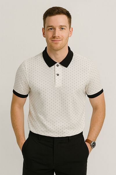UOMOPARK 2120 Men's Ecru Black Collar Polo Neck T-Shirt Micro Polka Dot Pattern, Regular Fit, Stylish Casual Style
