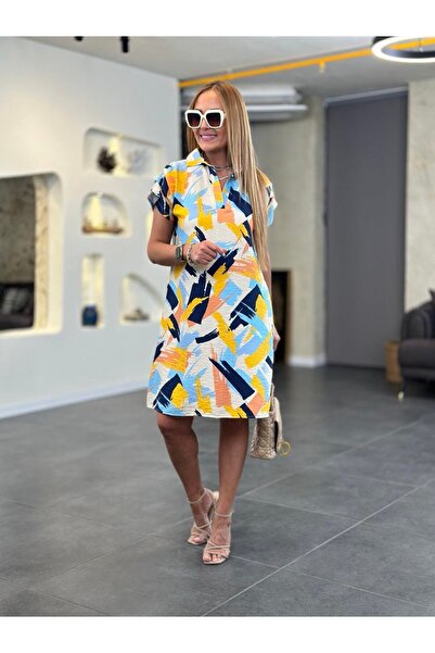 LOS FECHKA Women's Polo Collar Brush Patterned Sleeve Drawstring Detailed Linen Blue Dress