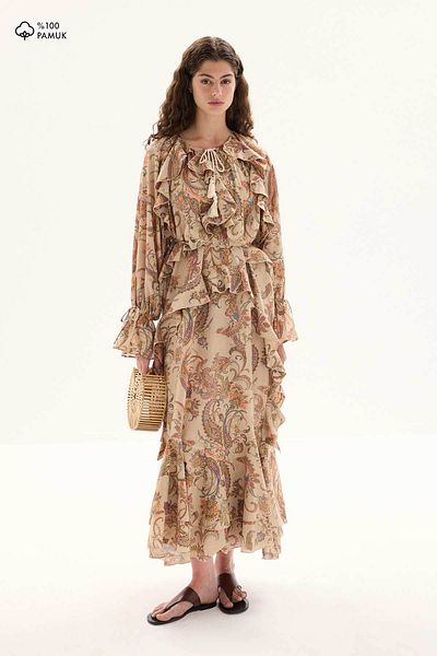 Hooopstore Φόρεμα Ethnic Pattern Cotton Voile Milk Coffee