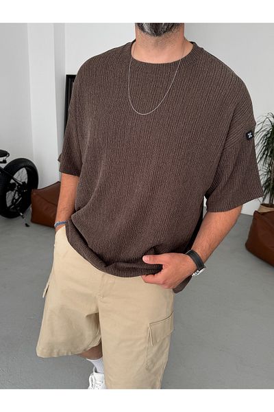 BYBASICMAN Dark Brown Crushed Textured Oversize T-Shirt Jj-235