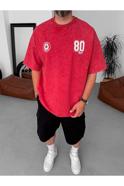 BYBASICMAN Red 80 Printed Washed Oversize T-Shirt Jj-191