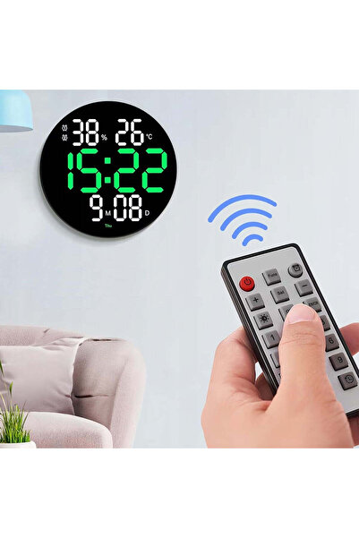 divendi-ro Ceas de perete digital LED, rotund, cu telecomandă, afișaj verde-alb, negru
