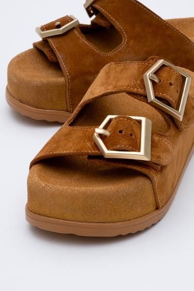 Dericlub Dericlub Women's Thick Sole Belted Slippers Real Suede Leather Zy 8145 Taba