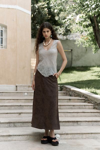 BOHEMAİ Garias Long Batik Patterned Brown Skirt with Pockets
