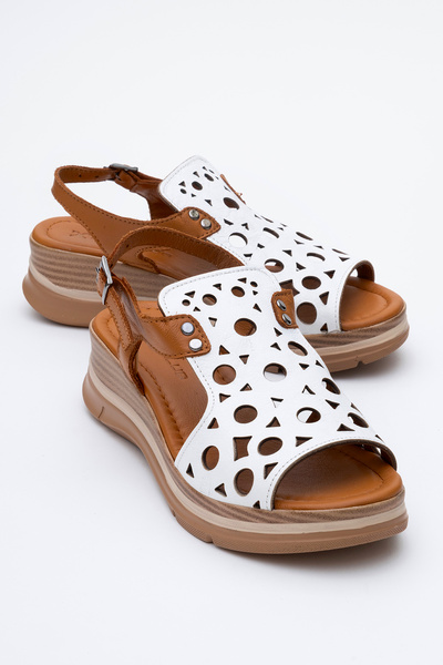 Dericlub Dericlub Women's Wedge Heel Sandals Real Leather Zy 8065 White/Tan