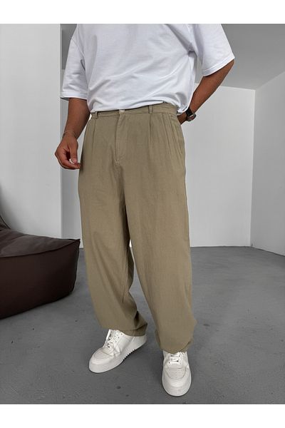 BYBASICMAN Khaki Button Cotton Linen Baggy Pants Es-16