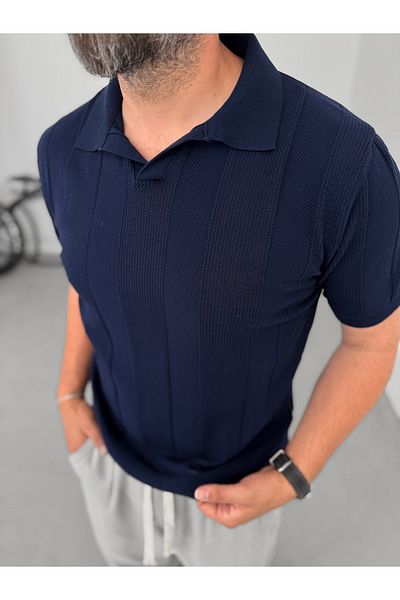 BYBASICMAN Navy Blue Thick Striped Polo Neck Knitwear T-Shirt Yp-5003