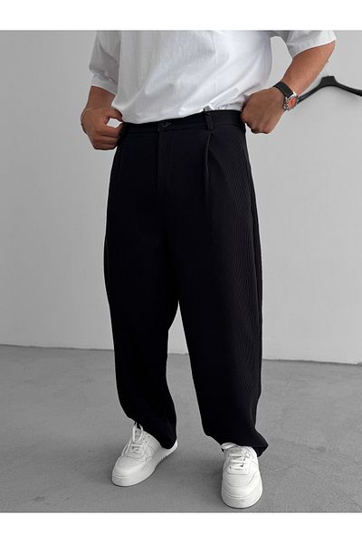 BYBASICMAN Black Lycra Ribbed Baggy Trousers C-06