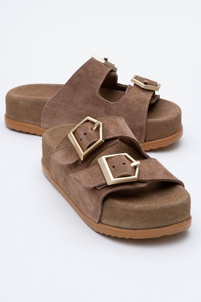 Dericlub Deri̇club Women's Thick Sole Belted Slippers Real Suede Leather Zy 8145 Mink