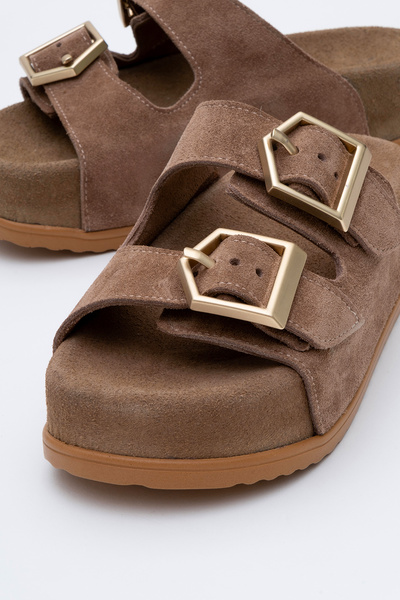 Dericlub Deri̇club Women's Thick Sole Belted Slippers Real Suede Leather Zy 8145 Mink