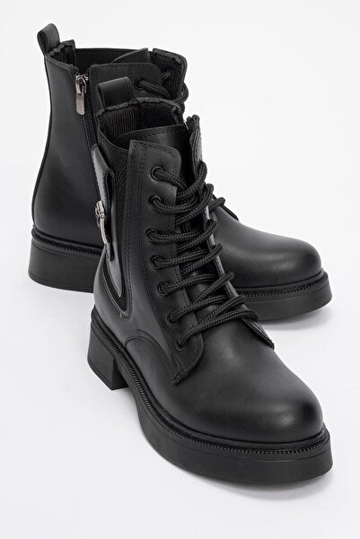 CCWAY AYAKKABI حذاء نسائي برباط وإبزيم مطاطي جلد أسود