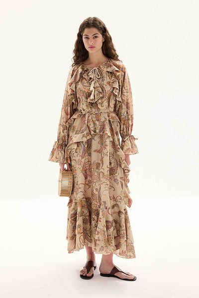 Hooopstore Φόρεμα Ethnic Pattern Cotton Voile Milk Coffee