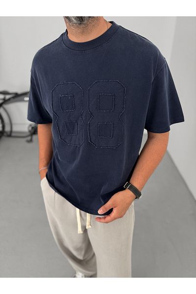 BYBASICMAN Navy Blue 88 Patched Washable T-Shirt C-1771