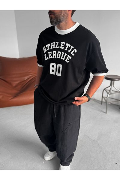 BYBASICMAN Black Athletic League Printed Oversize T-Shirt Bs-011