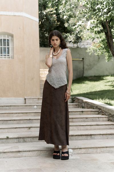 BOHEMAİ Garias Long Batik Patterned Brown Skirt with Pockets