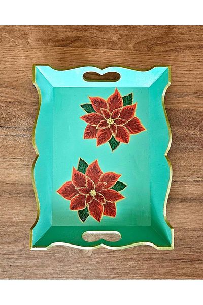 panda hediyelik Handmade Wooden Painting Tray - Red Flower Motif, Special Design for Decorative and Presentation