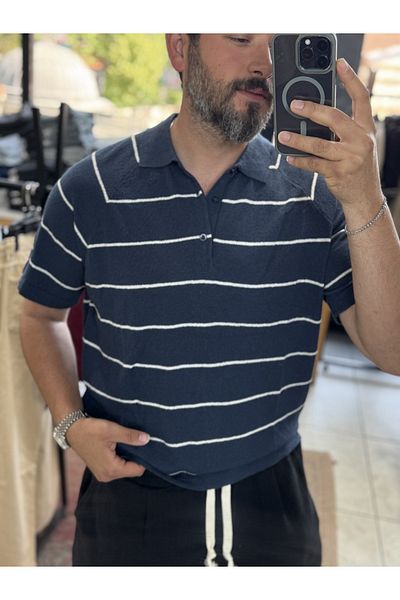 BYBASICMAN Navy Blue Towel Fabric Polo Neck Striped T-Shirt Tw-5010