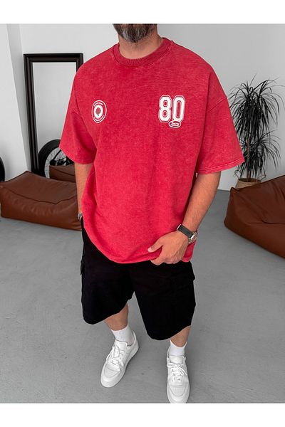 BYBASICMAN Red 80 Printed Washed Oversize T-Shirt Jj-191