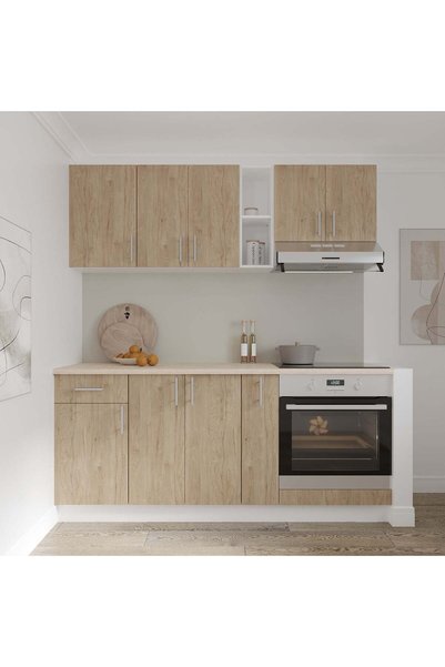 haaus.ro Set Bucatarie Karo V9, Lemn Natural/Alb, Blat Thermo 28 mm, L 180 cm