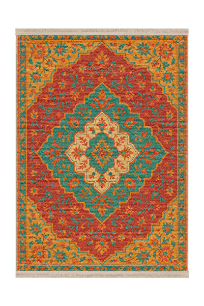 Rugs Modern Halı MOSSO Πράσινο Πορτοκαλί Έθνικ Σχέδιο Υφαντό Χαλί με Βάση Μον...