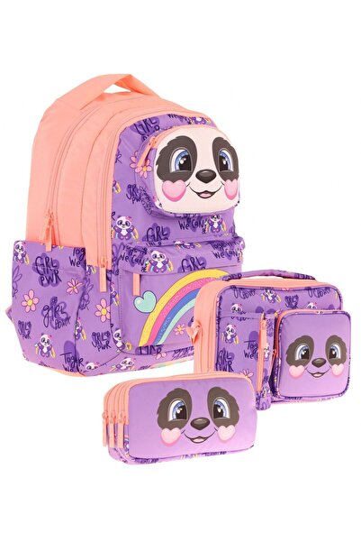 KAUKKO Set de ghiozdane triple pentru copii în formă de panda 3D - somon violet (L5233+L7233+L8233)