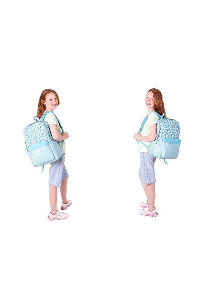 KAUKKO Soft Floral Üçlü Kız Çocuk Okul Çanta Seti - Turkuaz - Çiçek ve Çizgi Desenli