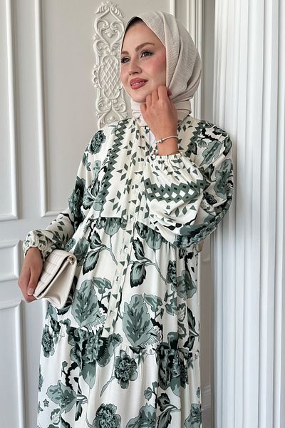 InStyle Vintage Patterned Green Viscose Dress
