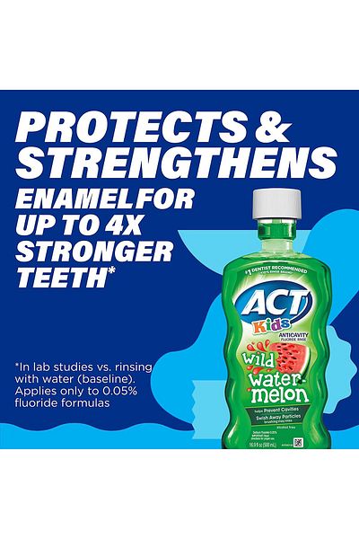 Act Apă de gură pentru copii, Act, Pepene verde sălbatic, cu fluor, aromă de pepene verde, 500 ml