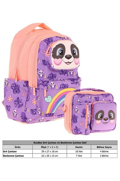 KAUKKO Set rucsac și cutie de prânz termoizolată pentru școală pentru fete, în formă de panda 3D, violet, somon